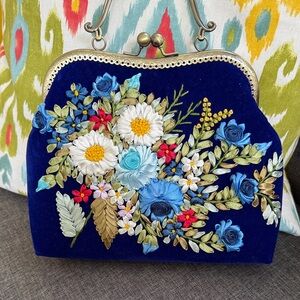 Embroidered Floral Velvet Clutch Royal blue GORGEOUS! New
